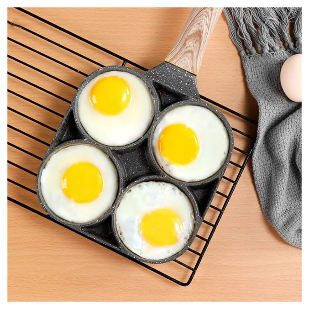 1pc Fry Pan For Egg, Non Stick Ham Pancake Maker, Egg Burger Pan With Wooden Handle, 4 Holes, For Induction Cooker Gas Stove