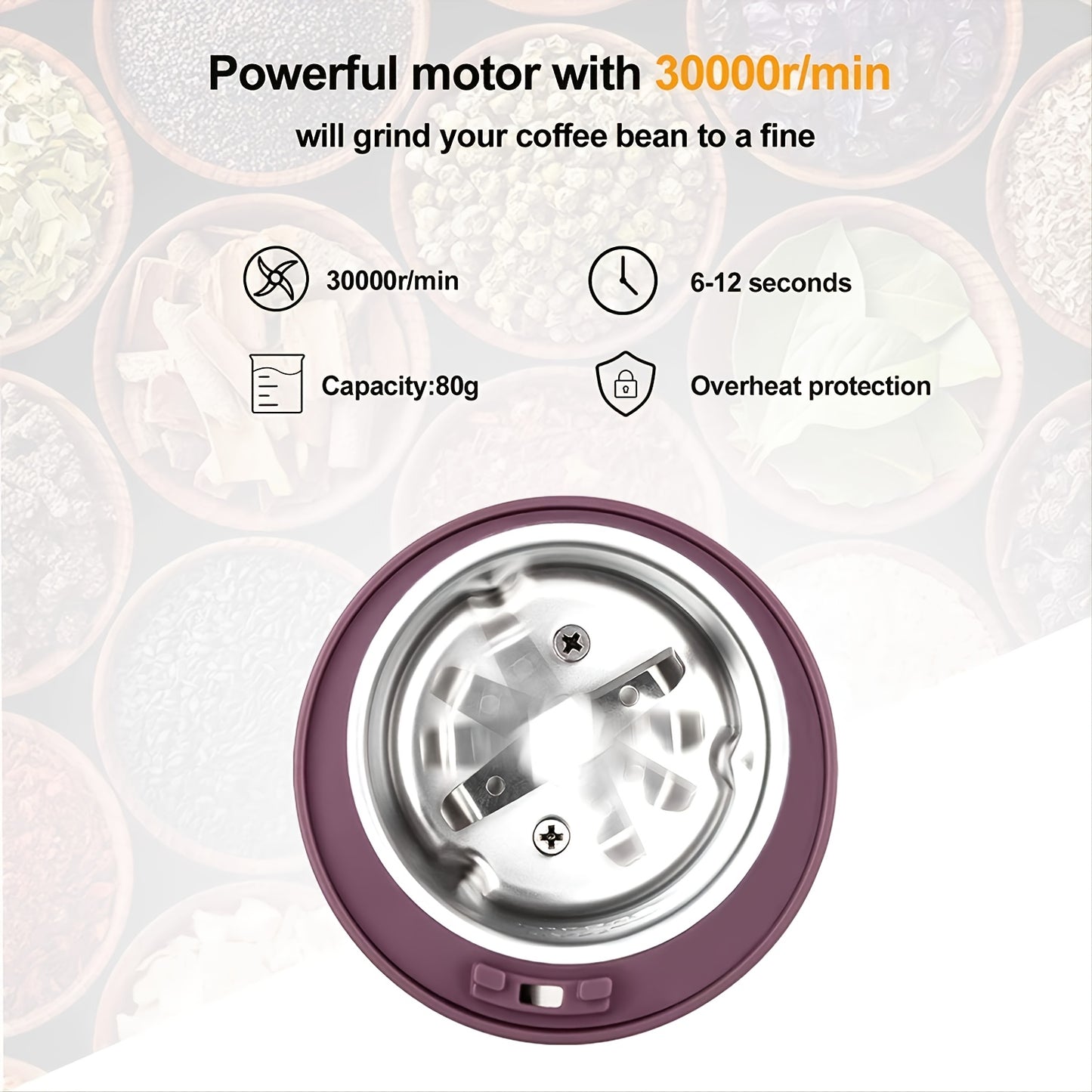 1pc Electric Coffee Grinder, Grain Grinder, Portable Coffee Bean Grinder With Replacement Stainless Steel Blade And Brush For Dried Herbs Spice Peanut Grain