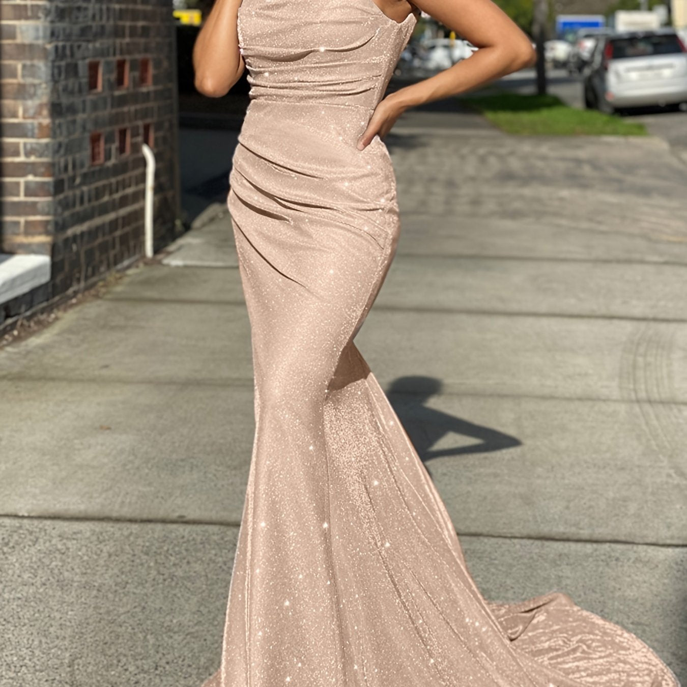 Solid Sequin Slip Sleeveless Backless Maxi Evening Gown