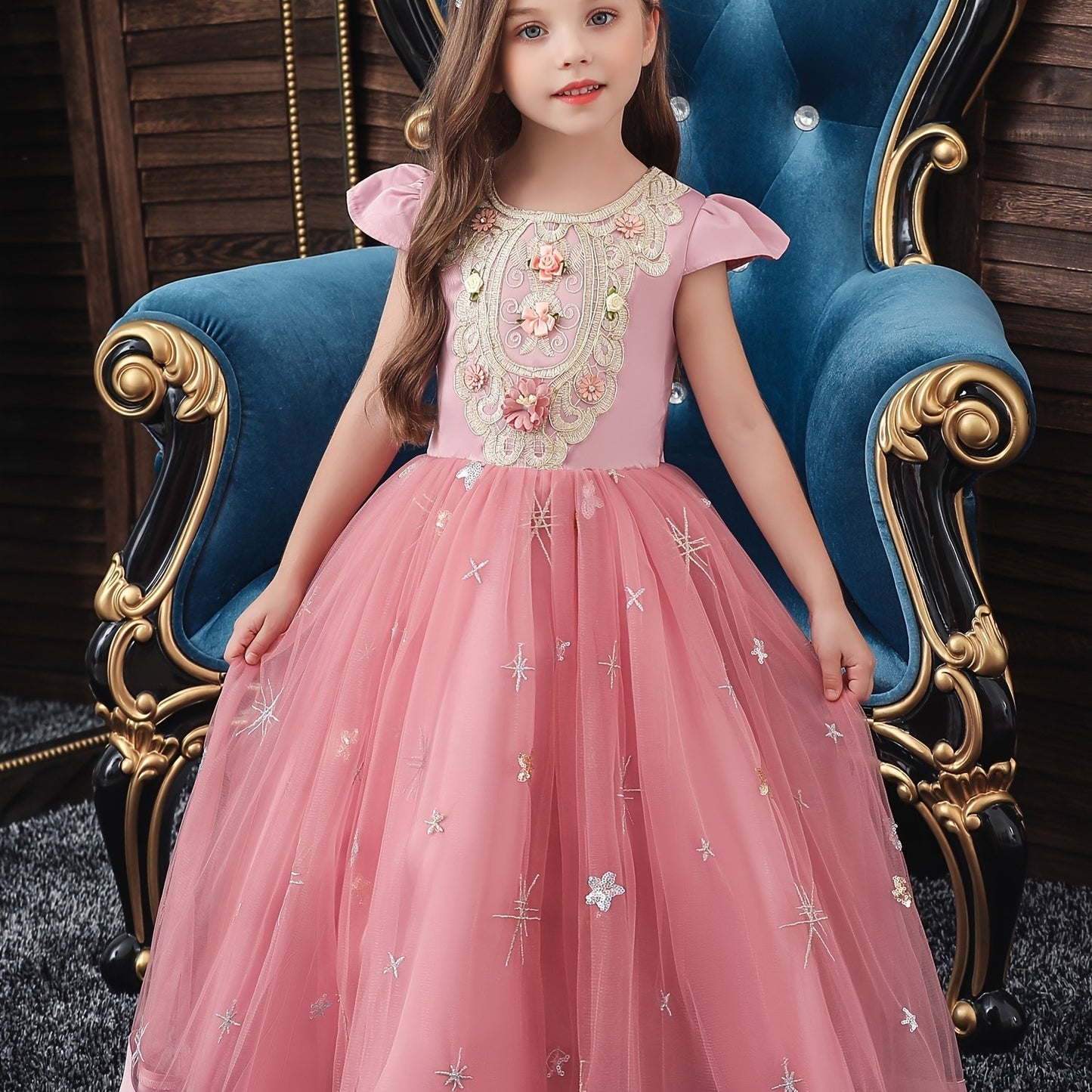 Girls Princess Short Sleeve Ruffled Tutu Dress with Flower Embroidery