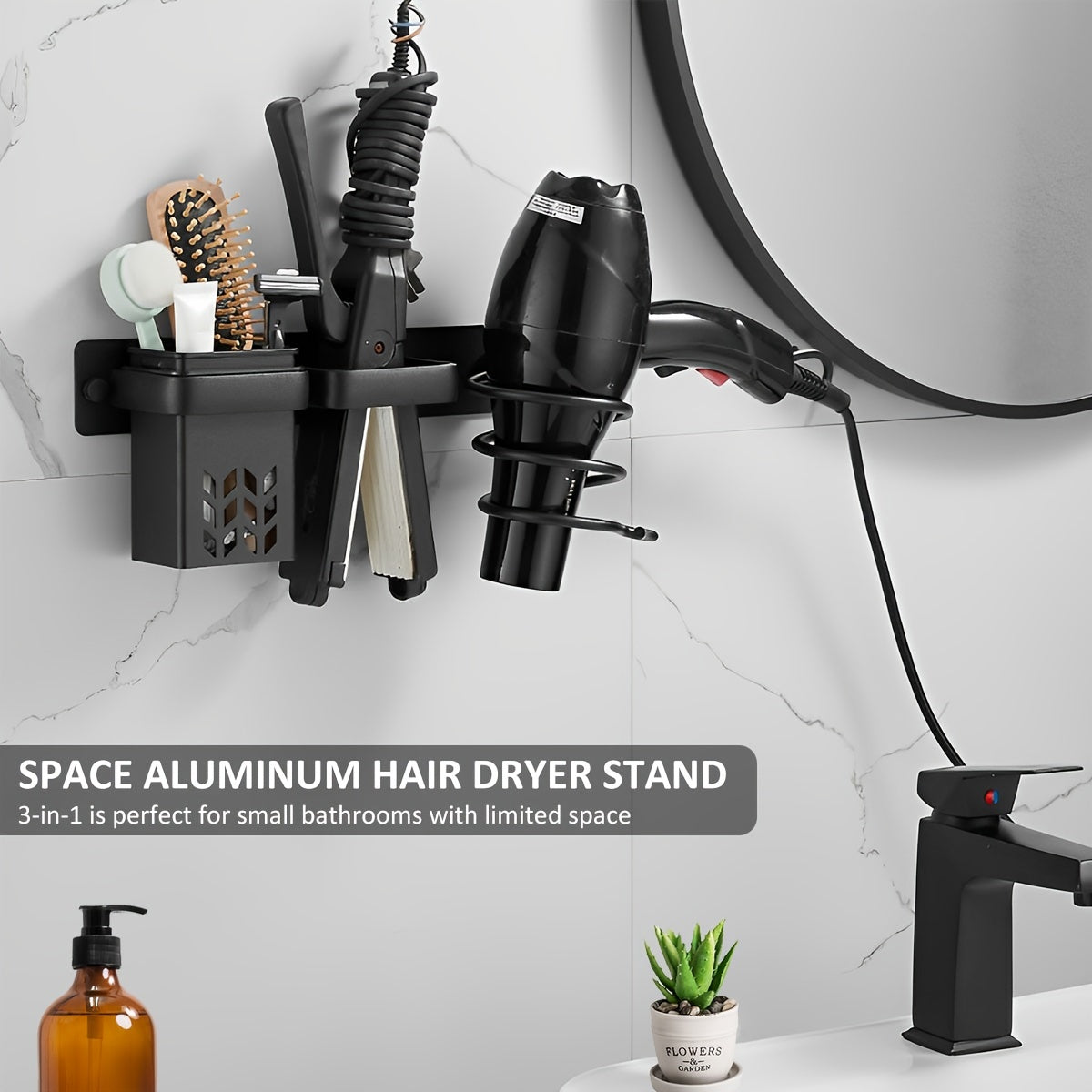 1pc Hair Dryer Holder With Drainage Storage Cup, Wall Mounted Hair Rustproof Straightener Holder, Multi-Functional Space Saving Hair Dryer Organizer Spiral Hair Dryer Storage For Bathroom Bedroom Home Dorm