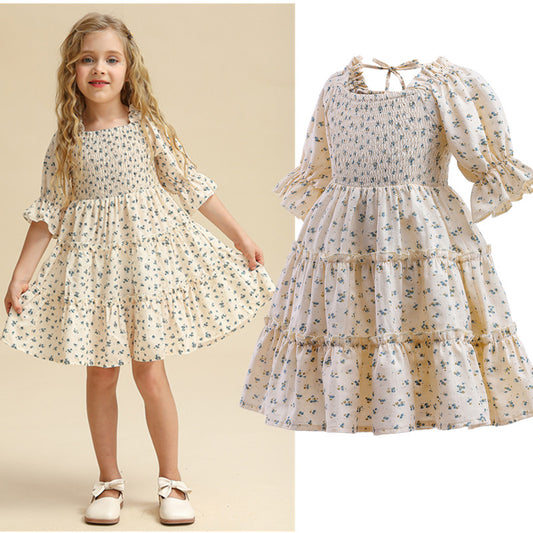 New 2023 Summer Dress for Girls with Floral Print and Puff Sleeves