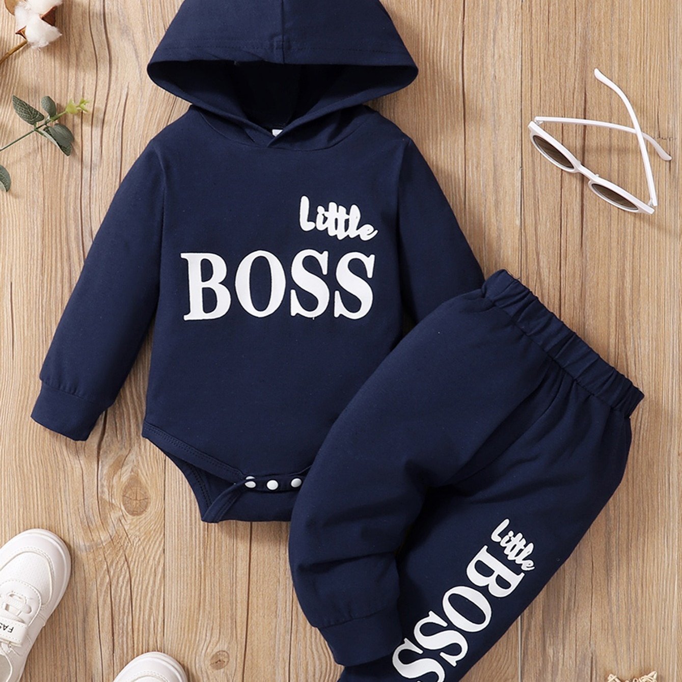 2pcs Baby Boys Clothes BOSS Hooded Bodysuit and Matching Pants Set