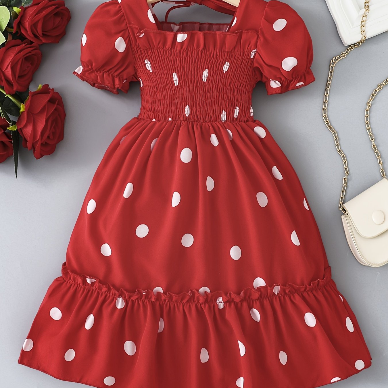 Cute Red Polka Dot Print Short Bubble Sleeve Ruffled Hem Dress