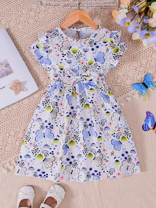 Girls Butterfly Print Short Sleeve Ruffles Dress with Bow Decor