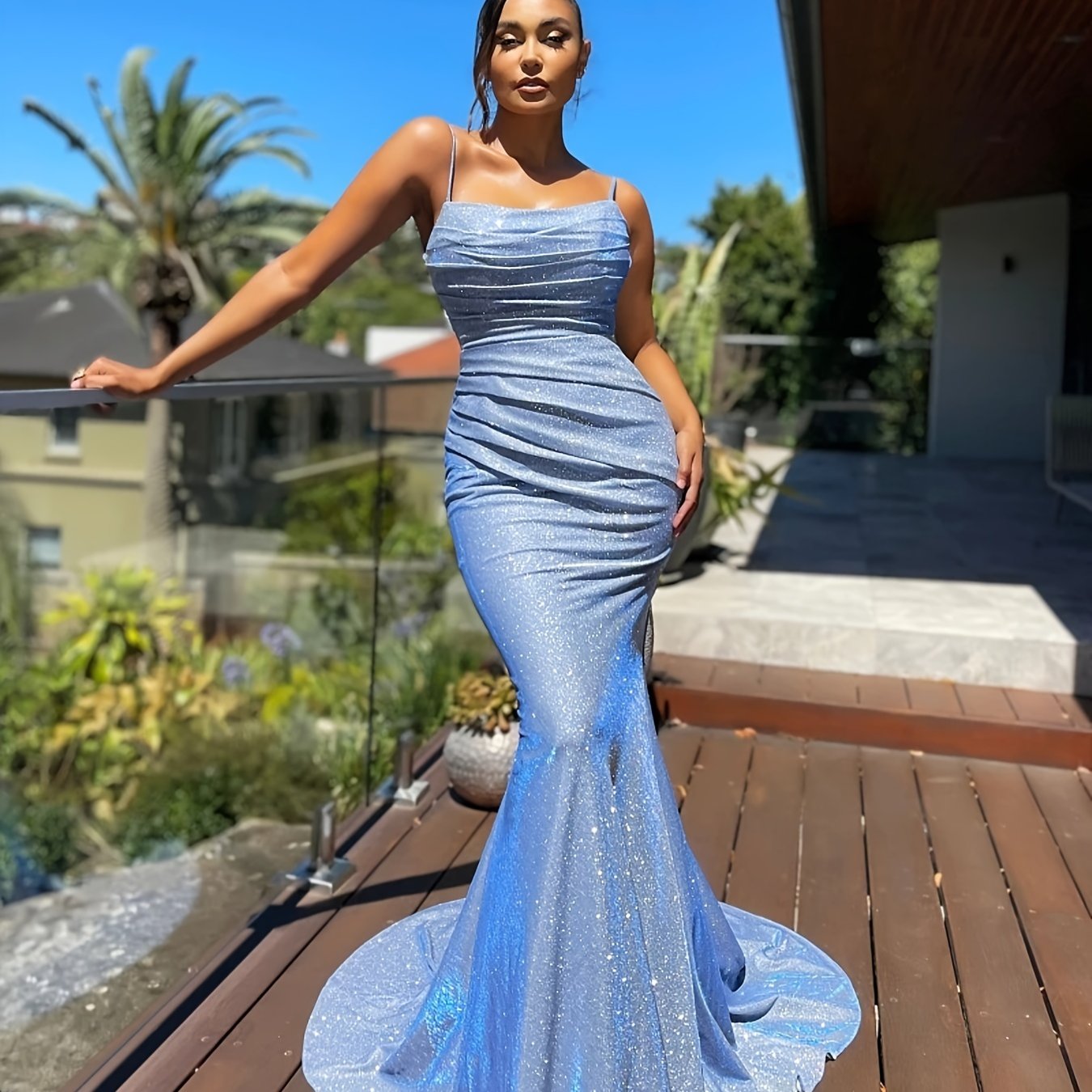 Solid Sequin Slip Sleeveless Backless Maxi Evening Gown