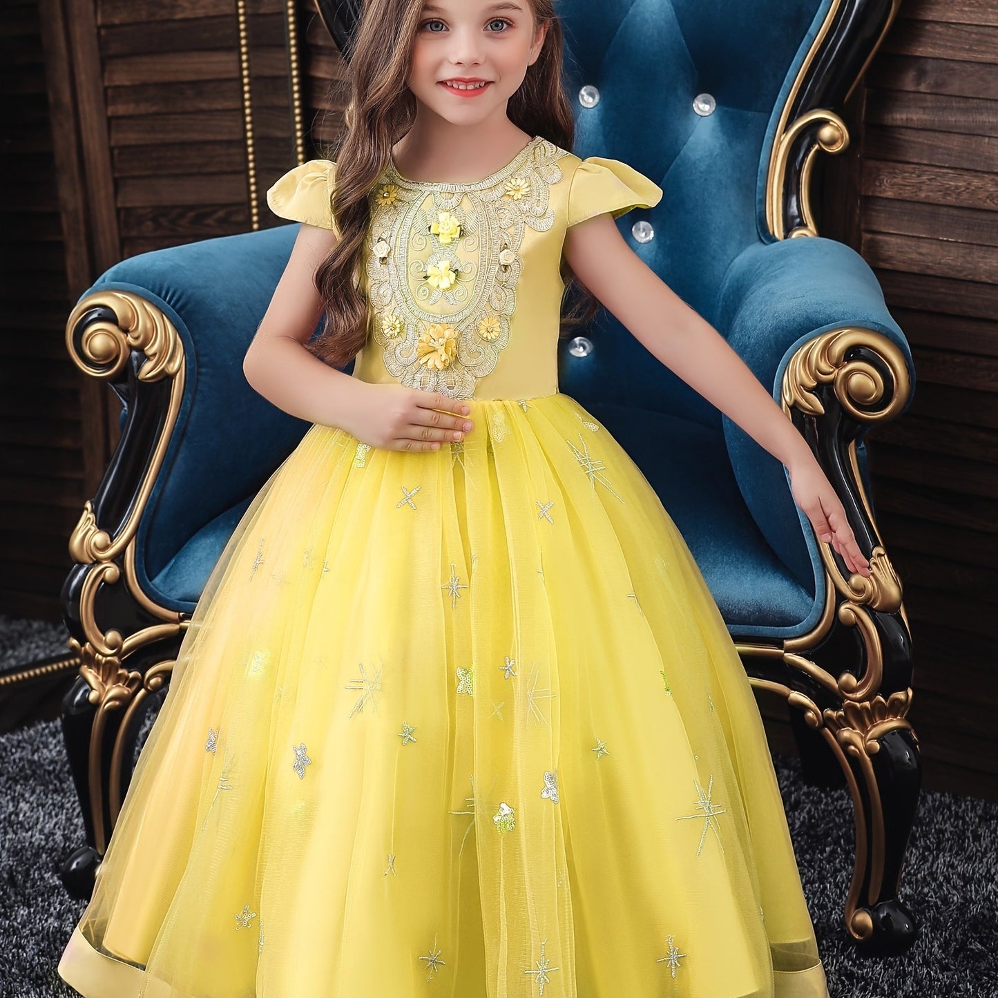 Girls Princess Short Sleeve Ruffled Tutu Dress with Flower Embroidery