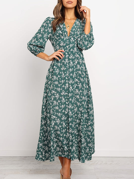 Women's Dirty Floral V Neck Long Sleeve Maxi Dress