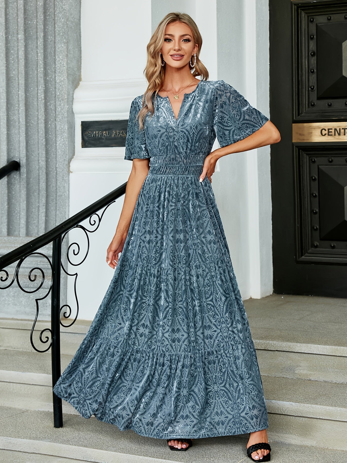 Solid V-Neck Short Sleeve Maxi Dress