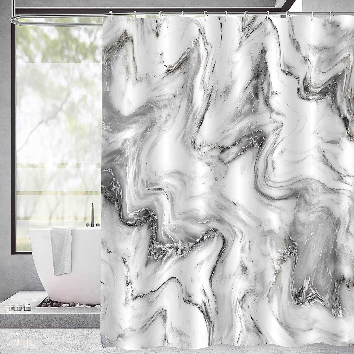1pc Gray Golden Marble Shower Curtain Set, Bathroom Decor, Abstract Modern Shower Curtain, Luxury Standard Shower Curtain For Bathtub, Waterproof Washable Fabric Shower Curtain, With 12 Plastic Hooks