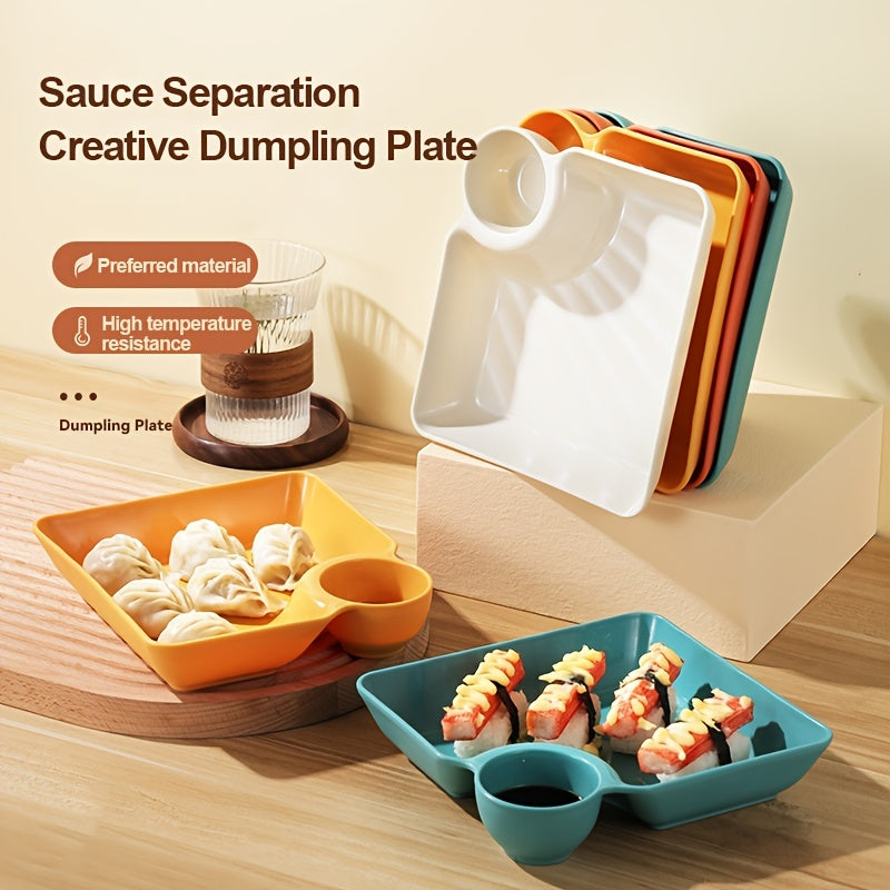 1pc Dumpling Plate With Sauce Dish, Square Serving Plate, Snack Platter, Sushi Dish, Fruit Plate, Dessert Tray, Kitchen Supplies