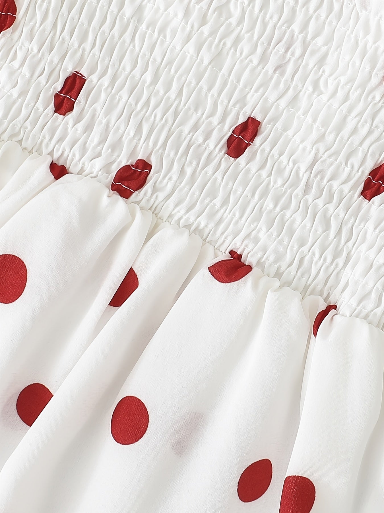Cute Red Polka Dot Print Short Bubble Sleeve Ruffled Hem Dress