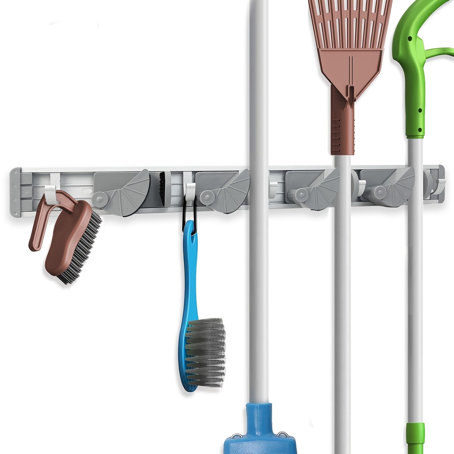 1pc Mop Broom Holder Wall Mount Metal Pantry Organization And Storage Garden Kitchen Tool Organizer Wall Hanger For Home Goods (4 Positions With 5 Hooks, Silvery)