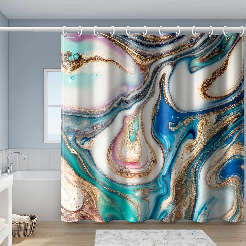 1pc Gray Golden Marble Shower Curtain Set, Bathroom Decor, Abstract Modern Shower Curtain, Luxury Standard Shower Curtain For Bathtub, Waterproof Washable Fabric Shower Curtain, With 12 Plastic Hooks