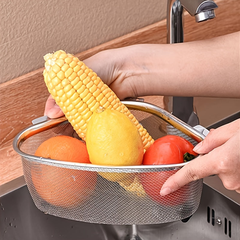 1pc Drainer Basket, Triangular Sink Drainer Basket, Stainless Steel Strainer, Kitchen Drainer Basket, Garbage Residue Filter, Storage Leakage Mesh Basket, Vegetable Basket 6.61lbs(Max)