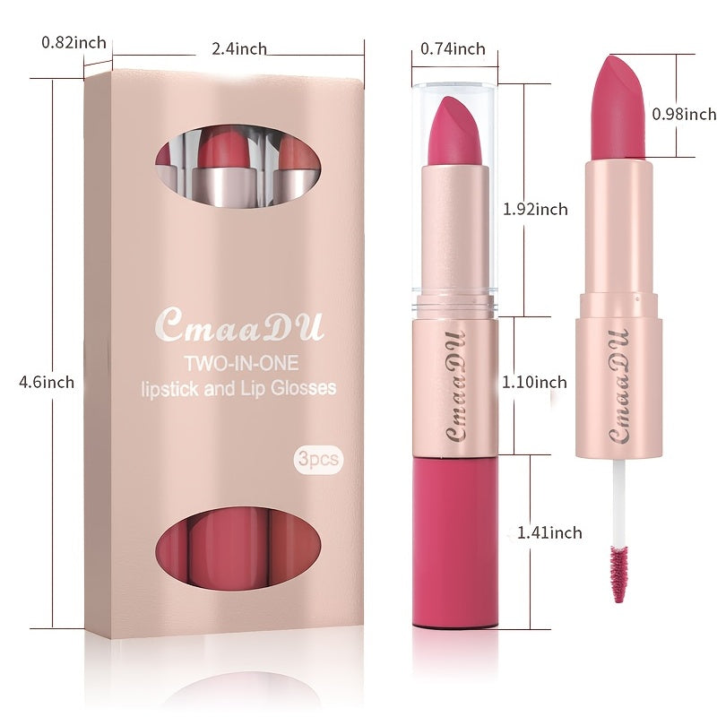 2-in-1 Lipstick and Lip Gloss Set: 3 Colors, Natural Matte Velvet Finish, Double Headed Dual Use, Long Lasting and Waterproof