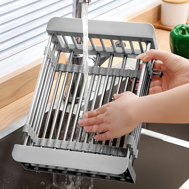 1pc Drain Rack, Stainless Steel Kitchen Basket, Home Dish Rack, Retractable Sink Shelf, 8.81*(11.22-18.5)*3.7in, Suitable For Rectangular Sink