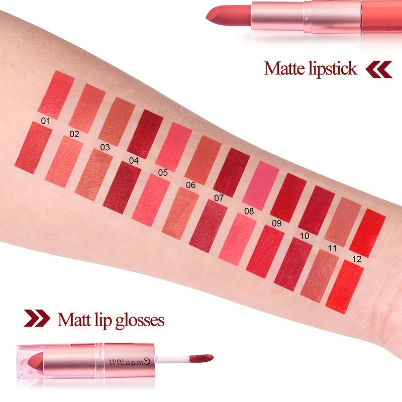 2-in-1 Lipstick and Lip Gloss Set: 3 Colors, Natural Matte Velvet Finish, Double Headed Dual Use, Long Lasting and Waterproof