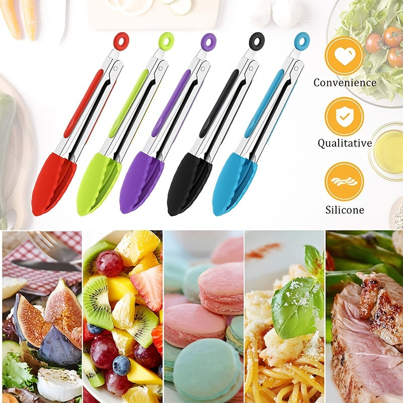 Set of 5 Cooking Tongs - 7 Inch Stainless Steel with Silicone Tips for Serving, Barbecue, Salad, Ice, Oven and More
