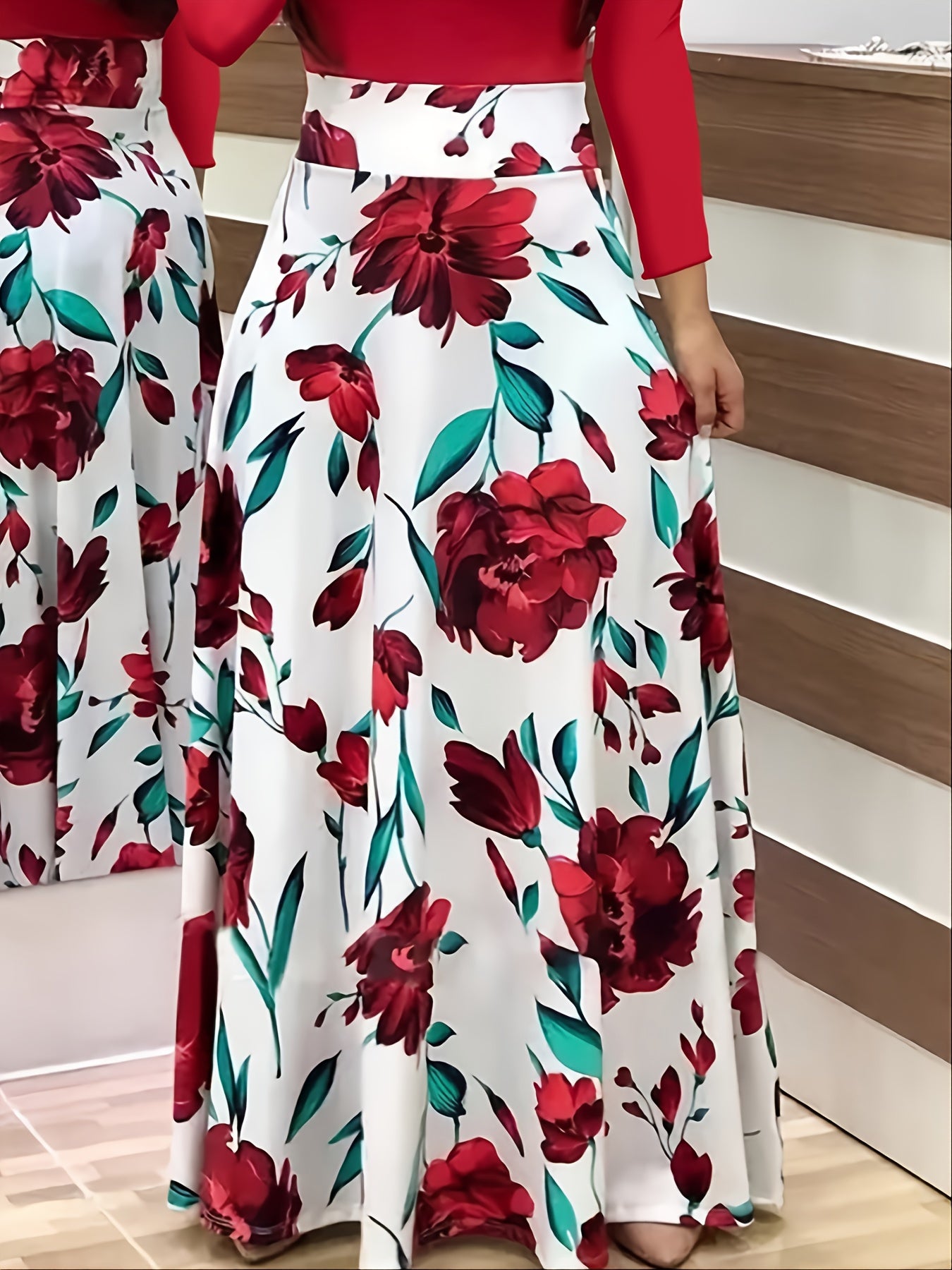 Plus Size Colorblock Floral Print Long Sleeve Maxi Dress