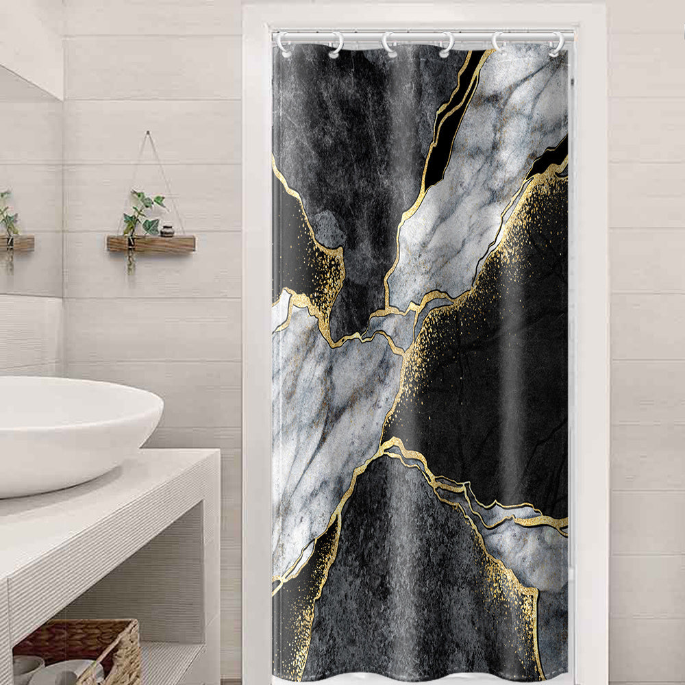 1pc Gray Golden Marble Shower Curtain Set, Bathroom Decor, Abstract Modern Shower Curtain, Luxury Standard Shower Curtain For Bathtub, Waterproof Washable Fabric Shower Curtain, With 12 Plastic Hooks