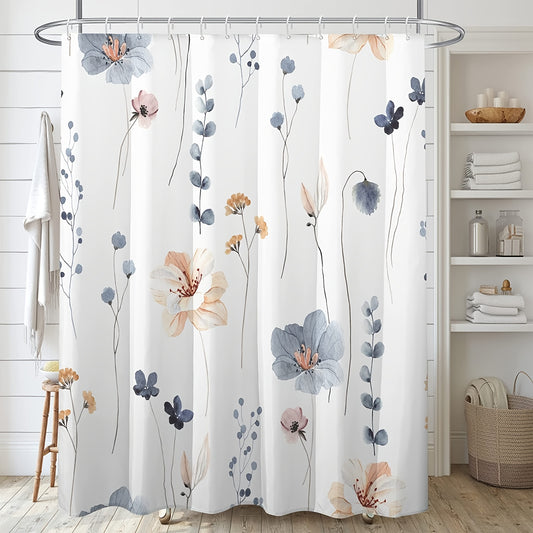 1pc Floral Shower Curtain, Orange Shower Curtain, Botanical Shower Curtain Set With 12 Hooks, Watercolor Bathroom Decor
