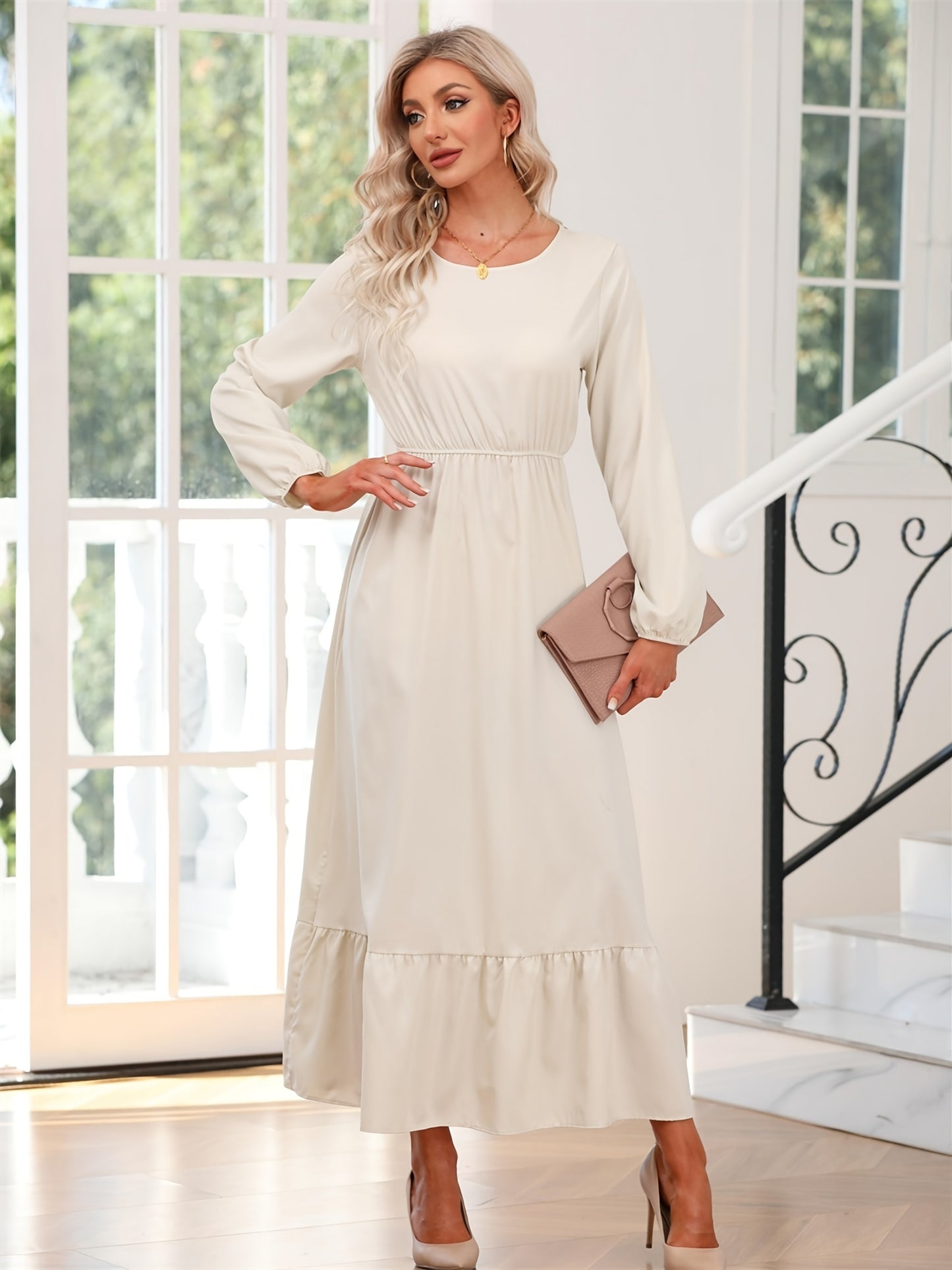 Casual Long Sleeve Solid Elastic Waist Ruffle Hem Party Dress for Women
