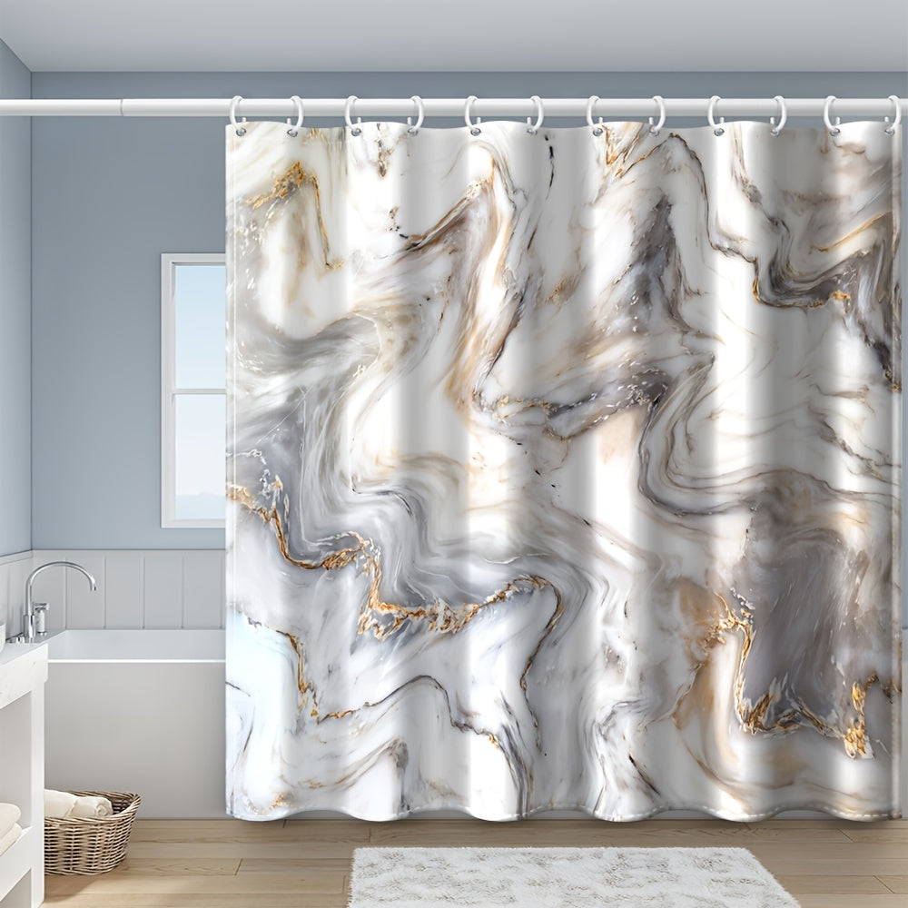 1pc Gray Golden Marble Shower Curtain Set, Bathroom Decor, Abstract Modern Shower Curtain, Luxury Standard Shower Curtain For Bathtub, Waterproof Washable Fabric Shower Curtain, With 12 Plastic Hooks