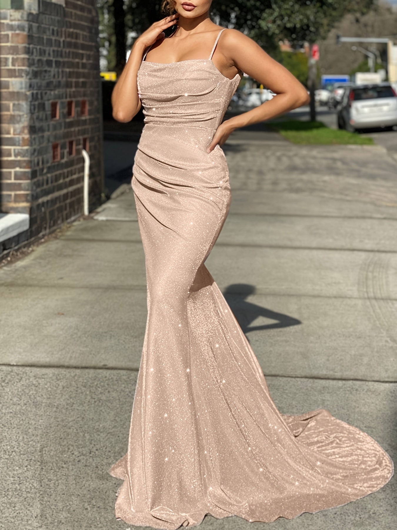 Solid Sequin Slip Sleeveless Backless Maxi Evening Gown