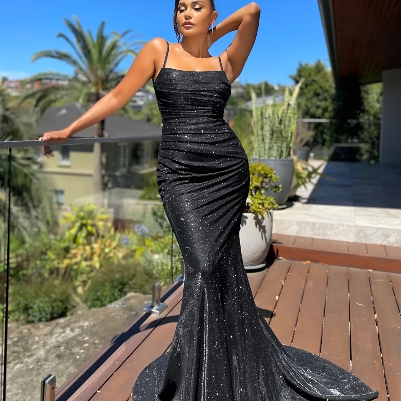 Solid Sequin Slip Sleeveless Backless Maxi Evening Gown