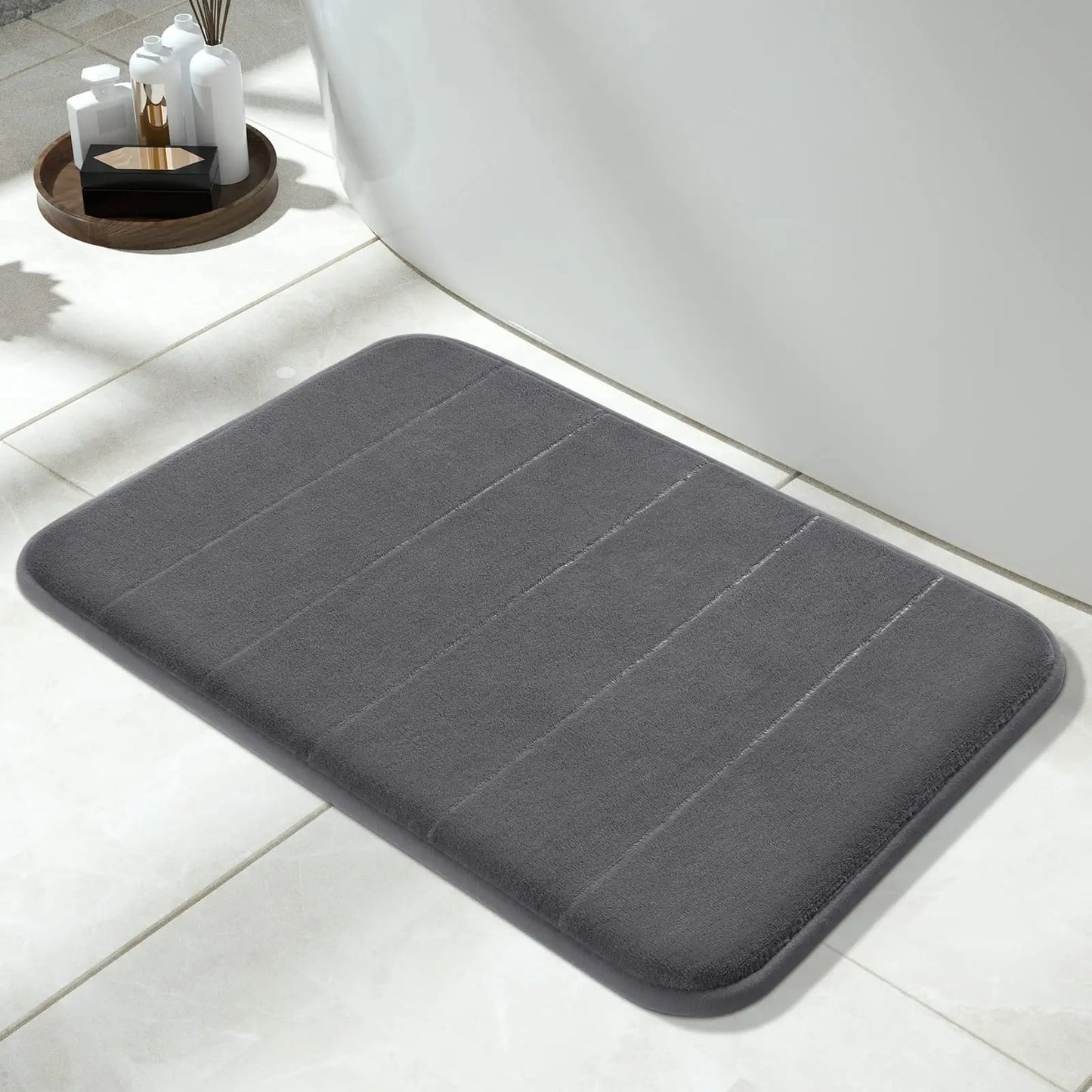 1pc Grey Memory Foam Bath Mat, Absorbent And Soft Bathroom Rug, Non-Slip Padded Bath Mat For Shower, Comfortable Mat, Home Decor & Accessories