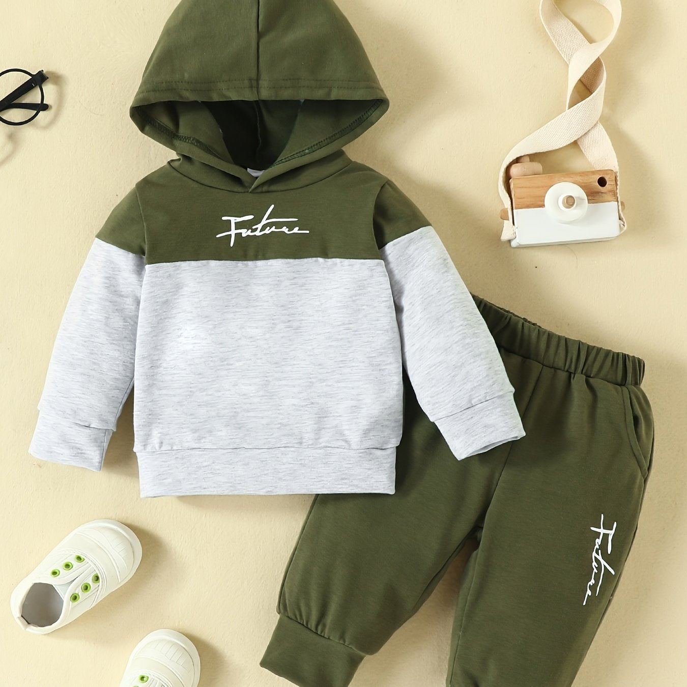 Letter Print Hooded Sweatshirt and Sweatpants Set for Baby Boys