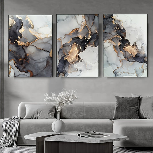 3pcs Golden Black Marble Canvas Painting Wall Art Picture