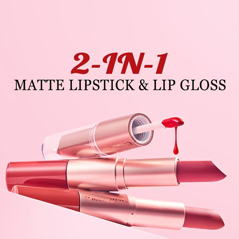 2-in-1 Lipstick and Lip Gloss Set: 3 Colors, Natural Matte Velvet Finish, Double Headed Dual Use, Long Lasting and Waterproof