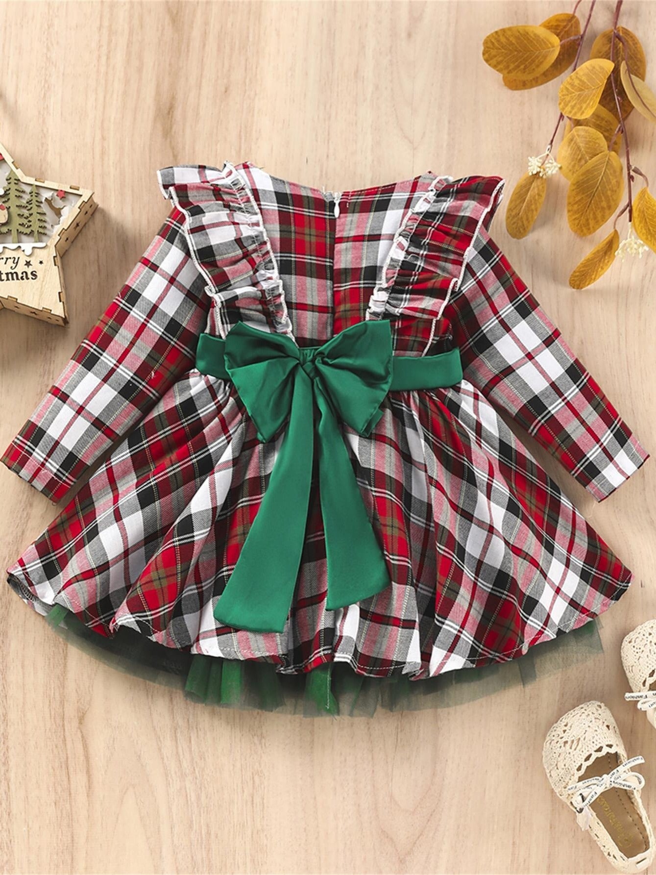 Girls Plaid Bowknot Belted Party Dress
