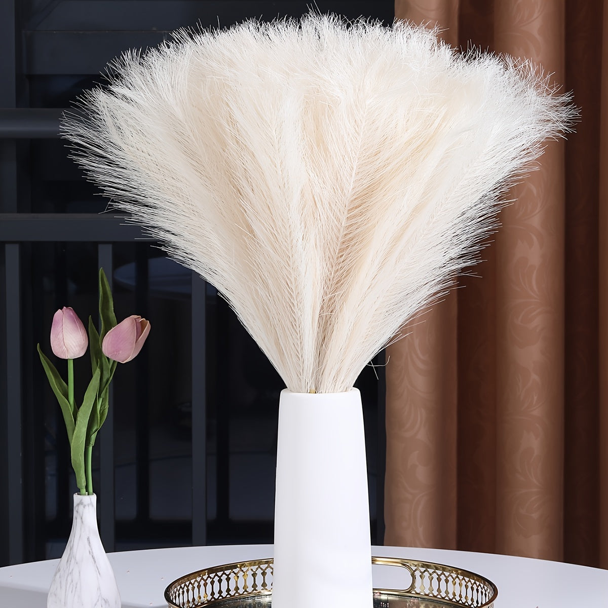 1 Pack/5pcs Faux Pampas Grass Large Tall Fluffy Artificial Flowers - Boho Decor for Vase Filler, Farmhouse, Home, and Wedding Decoration