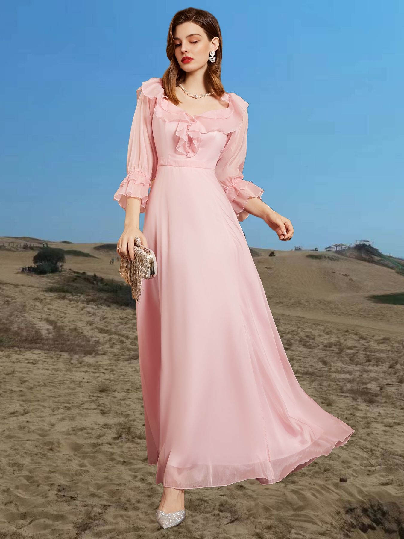 Valentine's Day Square Collar Solid Party Dress, Ruffles Elegant Formal Evening Prom Dress, Women's Clothing