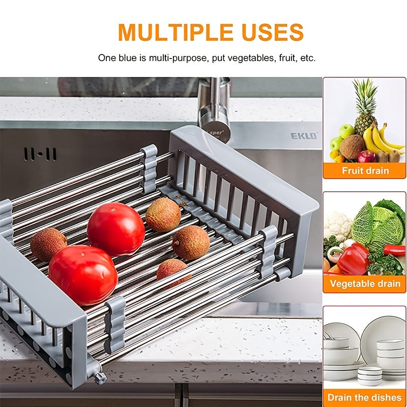 1pc Drain Rack, Stainless Steel Kitchen Basket, Home Dish Rack, Retractable Sink Shelf, 8.81*(11.22-18.5)*3.7in, Suitable For Rectangular Sink
