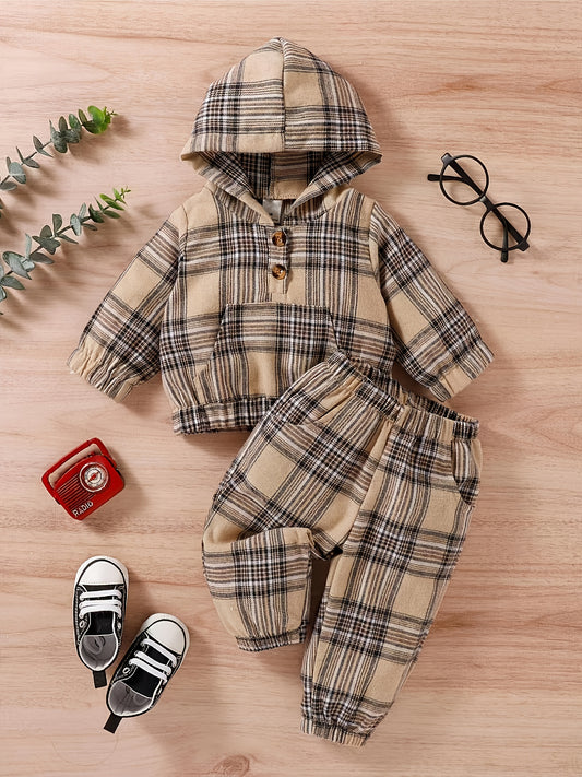 Children's Casual Plaid Long-sleeved Hooded Sweatshirt Pant Set Autumn And Winter