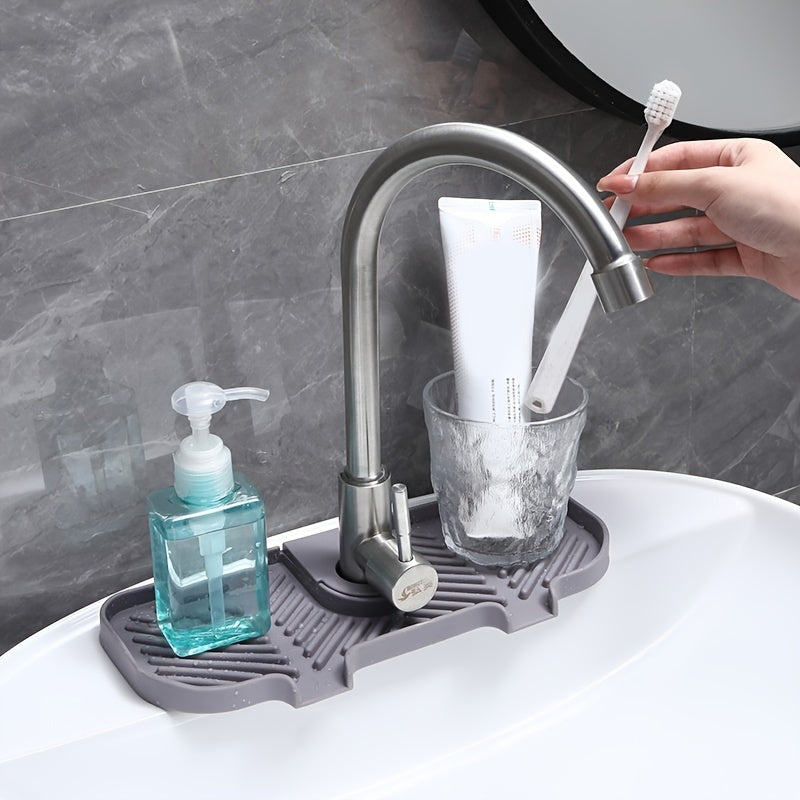 1pc Faucet Splash Pad, Silicone Kitchen Sink Faucet Mat, Behind Sink Splash Guard, Self Draining Sink Pad Behind Faucet, Faucet Splash Guard, Faucet Drying Durable Mat For Bathroom