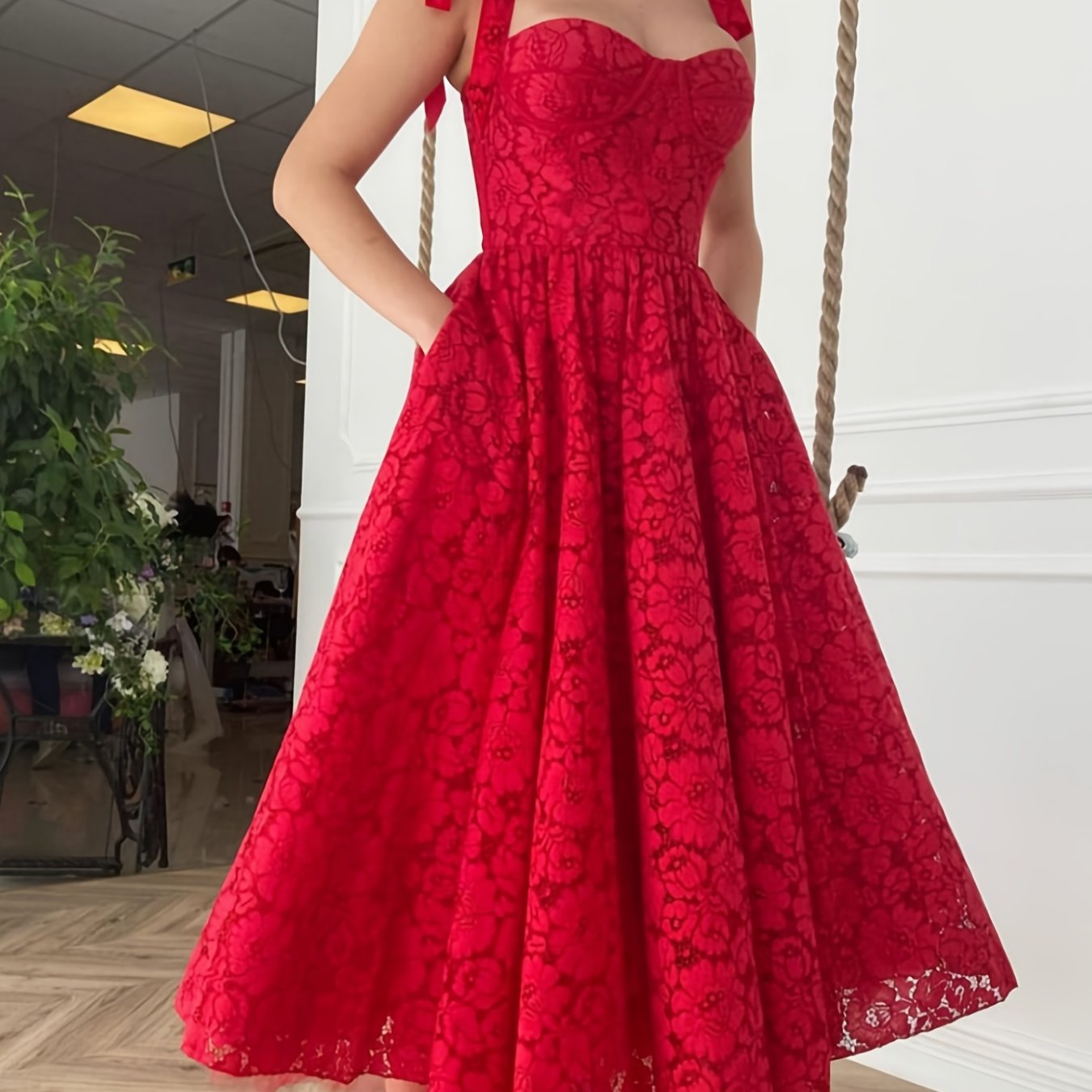 Chinese New Year Elegant Lace Tie Up Sleeveless Dress