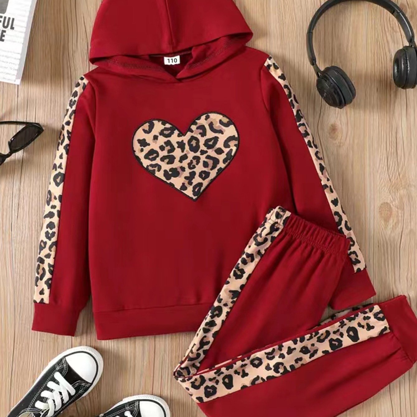 2pcs Baby Girls Leopard-Print Paneled Hoodie and Pants Set