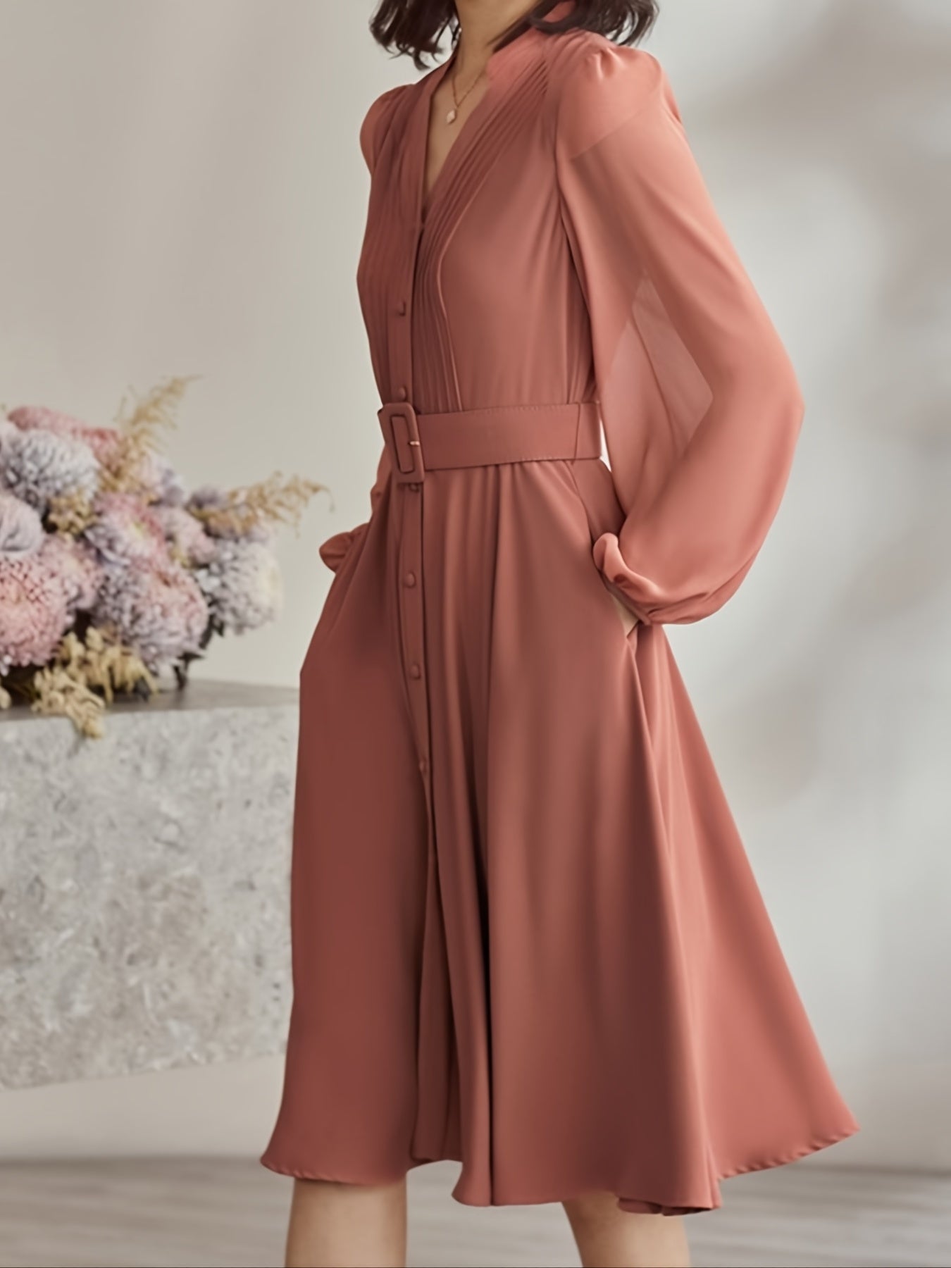 Women's Solid V Neck Stand Collar Long Sleeve Midi Dress