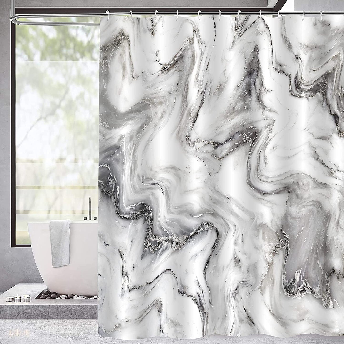 1pc Gray Golden Marble Shower Curtain Set, Bathroom Decor, Abstract Modern Shower Curtain, Luxury Standard Shower Curtain For Bathtub, Waterproof Washable Fabric Shower Curtain, With 12 Plastic Hooks