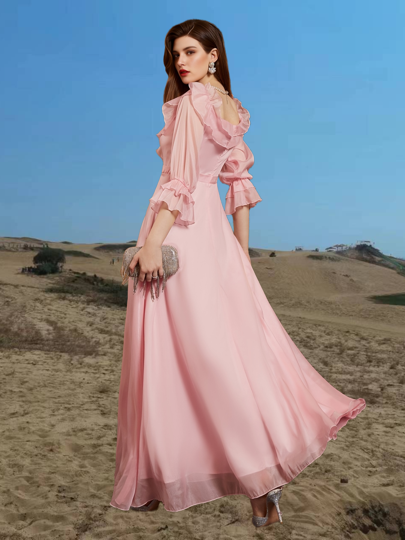 Valentine's Day Square Collar Solid Party Dress, Ruffles Elegant Formal Evening Prom Dress, Women's Clothing