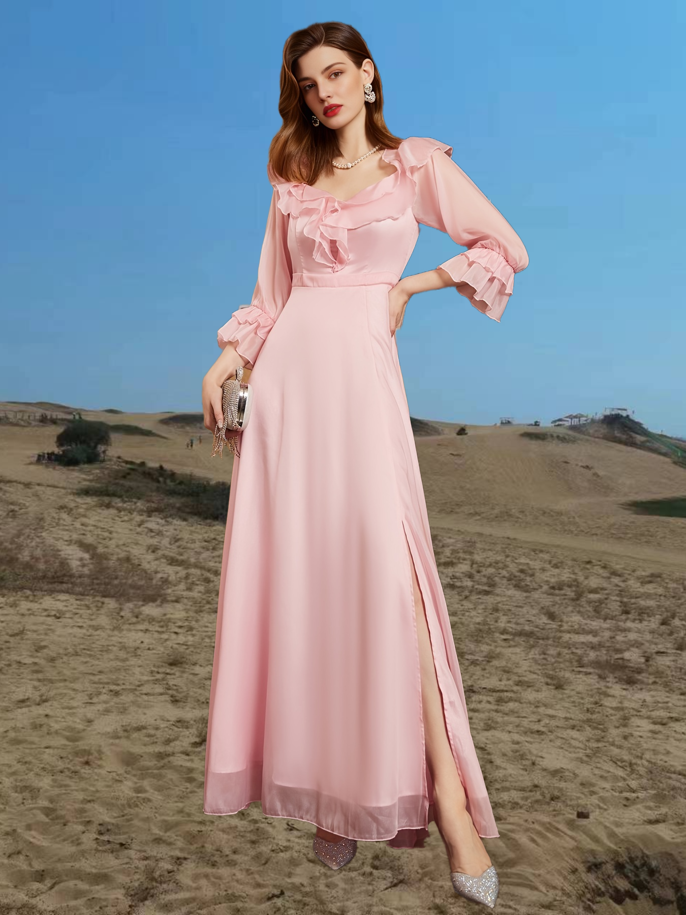 Valentine's Day Square Collar Solid Party Dress, Ruffles Elegant Formal Evening Prom Dress, Women's Clothing