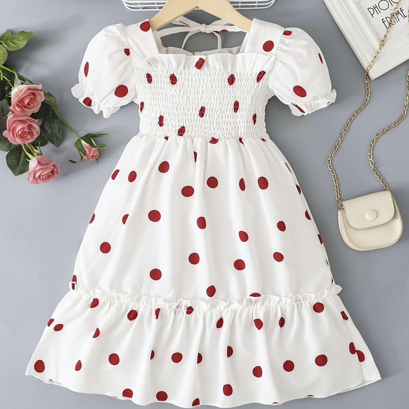 Cute Red Polka Dot Print Short Bubble Sleeve Ruffled Hem Dress