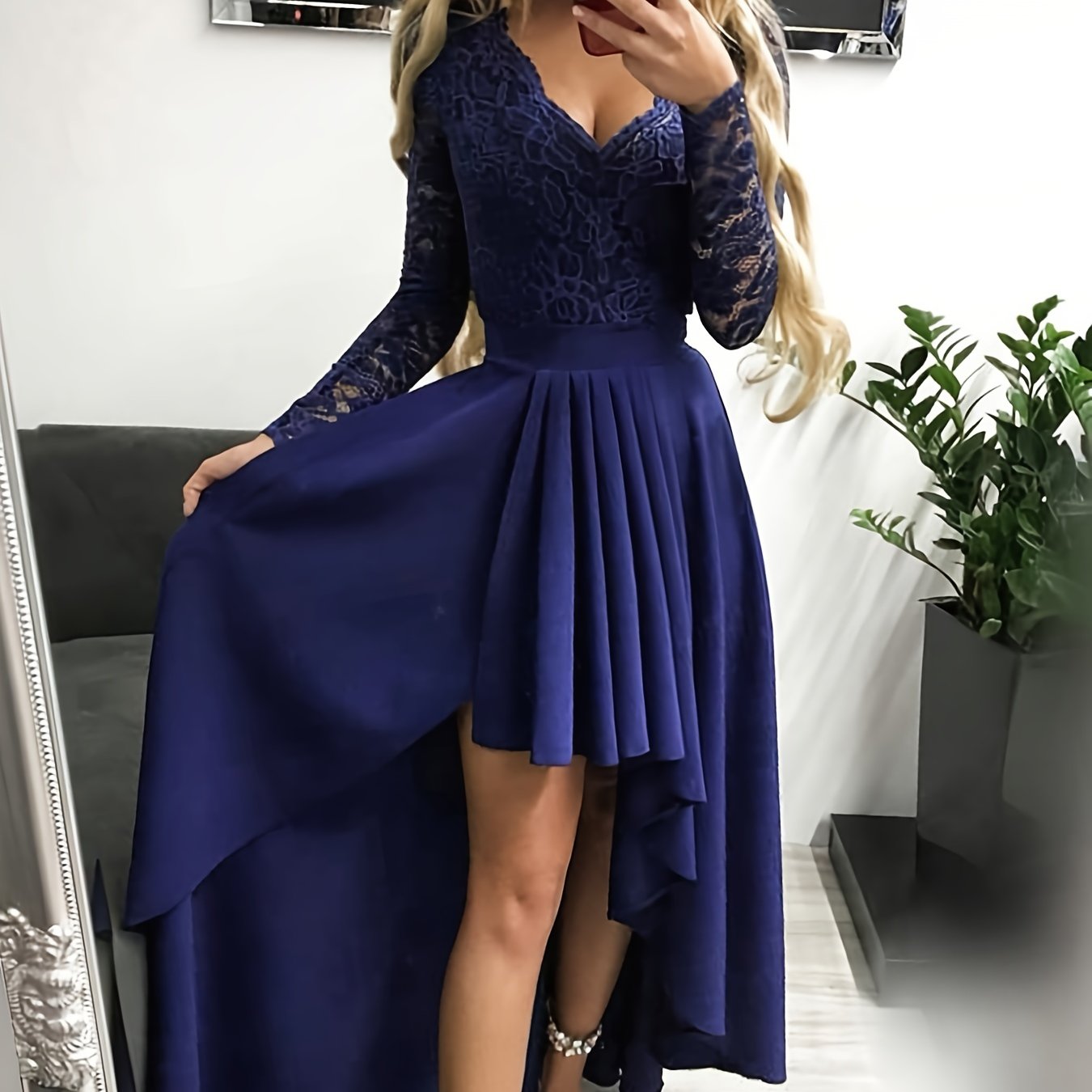 Women's Casual Solid Lace V-Neck High-Low Hem Dress