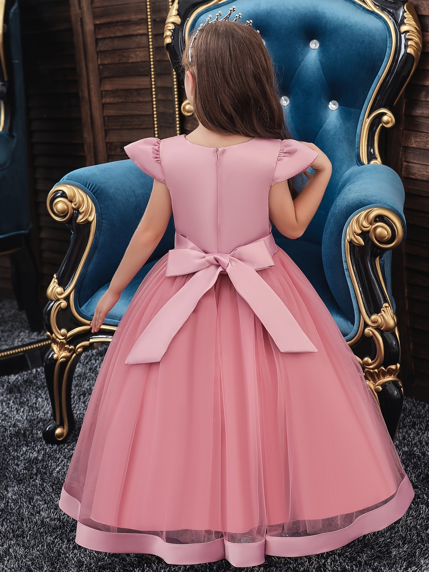 Girls Princess Short Sleeve Ruffled Tutu Dress with Flower Embroidery