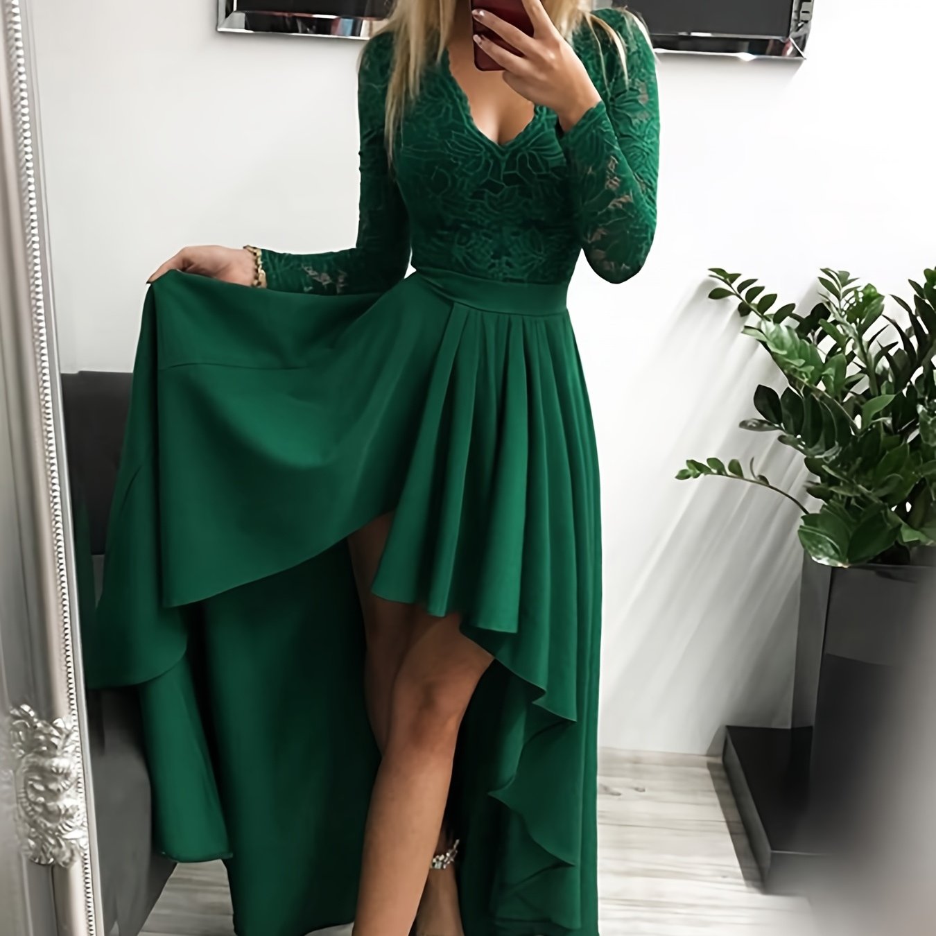 Women's Casual Solid Lace V-Neck High-Low Hem Dress